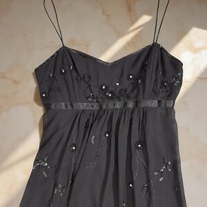 Vintage Black Beaded Embroidered High Low Midi Dress Witchy Romantic Goth Hoco